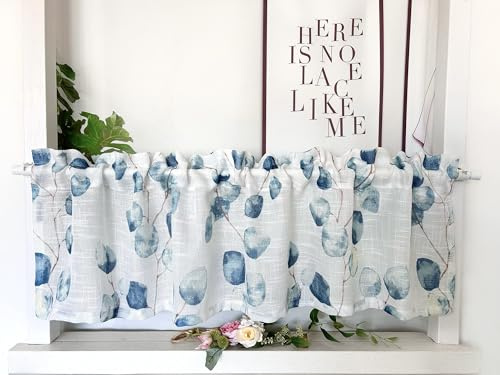 Daliena Scheibengardine Leinenoptik Gardinen mit Blattmuster Halbtransparente Bistrogardine Gardine Store Kurzstore, Fenstergardinen Modern für Kinderzimmer Küche (BxH 140x60cm) Blau 1 stück