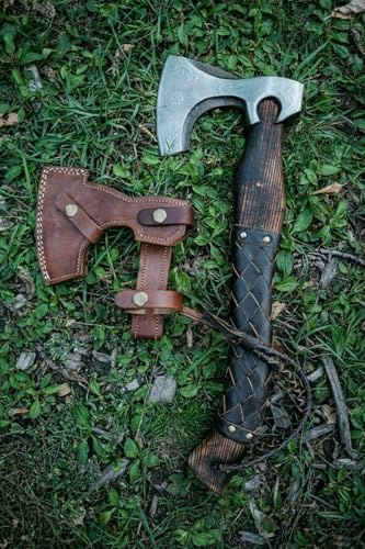 Viking High Carbon Steel Blade Hand Forged Hunting Axe, Ash Wood Handle, Viking Bearded Outdoor Camping, Hatchet, Real Tomahawk Gift, Xmas Birthday Gift with Sheath (Axe-5)