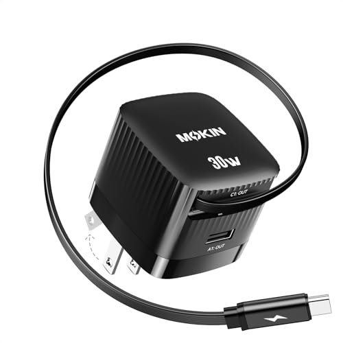 USB-C Charger Block, 30W GaN 2-Port Fast Charging with Built-in Retractable C Cable and Foldable Plug, PD/PPS for iPhone 16Pro/16/Galaxy/iPad/MacBook/Magsafe, Great for Father's Day