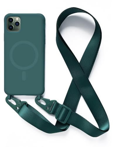 Leather Armor Handykette Hülle für iPhone 11 Pro Max(6.5) mit Band Halsband Lanyard (abnehmbar) Handyhülle, Verstellbarer Lanyard.Magnetisch Stoßfest Silikonhülle Wireless Charging kompatibel .-Grün