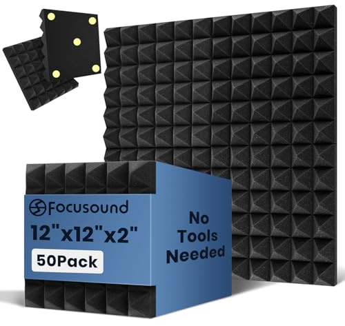 Focusound Acoustic Panels 50 Pack 2x12x12 with 300 PCS Double-Side Adhesive - Sound Proof Pyramid Foam for Walls, Home Studio Noise Absorption & Echo Control Kit