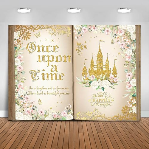 Fitumiw Once Upon a Time Hintergrund, 3 x 2,1 m, rosa Blumenmuster, Gold, Schloss, Prinzessin, Märchenbuch, Geburtstag, Party-Dekorationen für Mädchen, zum Eröffnen, magisches Buch, romantische