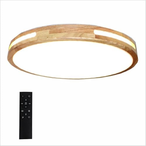 PAPUQ Plafón de Techo Led 40w con mando a distancia, Regulable 2700K-6500K blanco frío a cálido e intensidad, 4000LM, Acabado Blanco y madera de roble natural, redondo Ø40cm