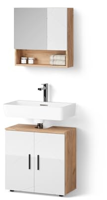 Livinity Badmöbel-Set Ronco Weiß Hochglanz/Goldkraft Eiche | 2 Teile, Unterschrank 60 cm