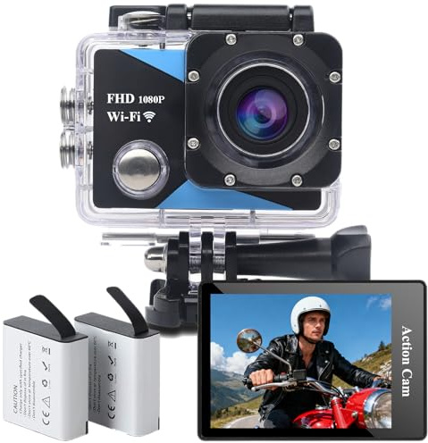 Nvgfelis WiFi Camara Deportiva, Camara acuatica HD 1080P, Camara Moto con Accesorios Cámara Casco Moto, Action CAM con 2 baterías de 1050mAh y Accesorios Multiples(WiFi)