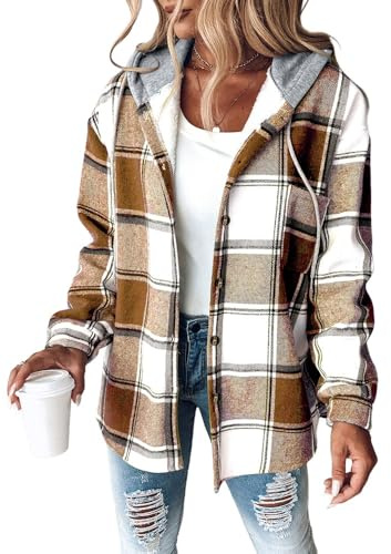 CHICME Womens Lightweight Casual Jacket Plaid Long Sleeve Shacket Fleece Lined Hooded Jackets Warm Coat Khaki-M