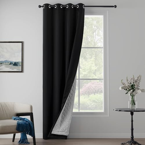 LCOOMZEN Black Heavy Soundproof Curtains for Window 3-in-1 Full Blackout Drapes Noise Canceling Heat Insulating Winter Curtains for Bedroom Living Room (1 Panel, Black, 50 x 84)