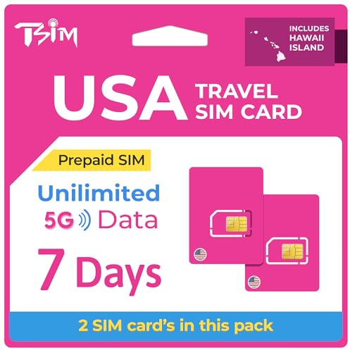 Prepaid SIM Card USA Travel – 2 Pack | 7 Days | Unlimited 5G Data, Calls & Texts on T-Mobile Network (Hawaii Included) | Upgraded 5G SIM Card!