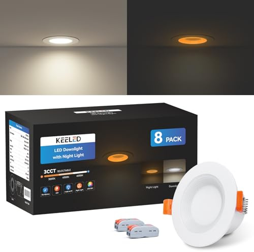 KEELED White Recessed Lighting with Night Light, 6W, 70-85mm Cutout, 8-Pack