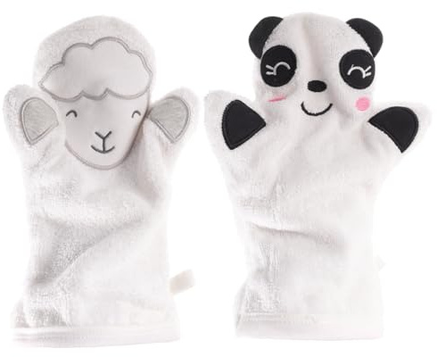 WOFASHPURET 2pcs Large Baby Shower Mittens Soft Cartoon Animal Exfoliating Gloves for Bathing Skin Scrubbing White Panda and Sheep Design Bath Accessories for Sensitive Skin