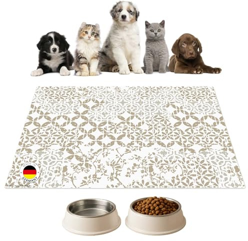 Napfunterlage | Futtermatte für Hunde und Katzen „Portugiesische Fließenoptik in beige & weiß aus Premium Vinyl - 44x32 cm – rutschhemmend, abwaschbar, reißfest - Made in Germany