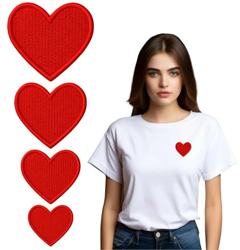 24 Stück Rote Herzen zum Aufbügeln - 24 Stück Aufnäher in 4 Größen - Bügelbilder für Textilien - Hitzefixierbare Patches zum Reparieren & Verzieren von Kleidung, Jeans, Taschen