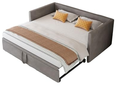 BRILVERDE Bäddsoffa 90/180 x 200 cm med ribbotten, klädsel, bäddsoffa, utdragbar för dubbelsäng, sammetstyg, för små lägenheter, utan madrass (grå)