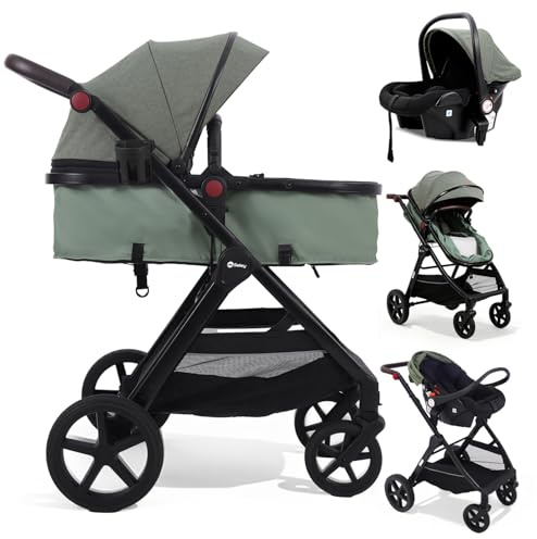 Sekey Kombi Kinderwagen Baby 3 in 1 Komplettset mit Regenschutz und Moskitonetz, Kinderwagen mit Liegefunktion bis 25kg, 0 bis 4 Jahre, 4-Rad-Federung, 5 Punkt-Gurt mit Reflektor, BW600, Grün/Schwarz