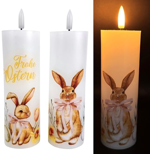 Online Fuchs 2 LED-Kerzen mit realistischer Kerzenflamme, 6-Stunden Timerfunktion und Osterhasen Motiv - Osterdeko inklusive Deko Tablett Beigabe
