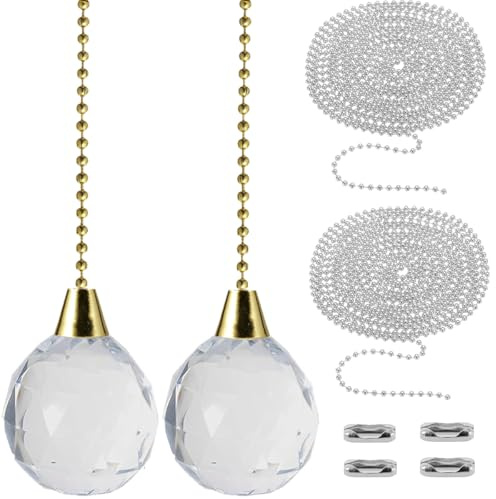 Acmerota boule de cristal Interrupteur à tirette suspendu avec et chaîne à billes dorée de 1,5 m et chaîne à billes argentée brillante de 0,5 m, pour chambre, salle de bain, toilettes, plafonnier