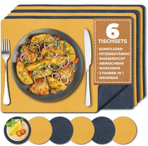 6er Set Tischsets Platzsets Abwaschbar mit Untersetzer Gläser | Beidseitig verwendbares Platzdeckchen Abwaschbar | Kunstleder Tischset Lederoptik Table Mat (Blau/Gelb)