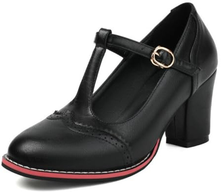 Retro Brogue T-rem hälblock rund tå pumps eleganta klackar för vardagligt arbete PU