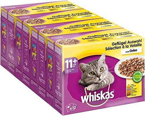 Whiskas 11+ Katzennassfutter – Geflügel-Auswahl in Gelee – Leicht verdauliches Katzenfutter in 48 Portionsbeuteln für Katzen ab 11 Jahren und älter – 4er Pack (4 x 12 Portionsbeutel à 100g)