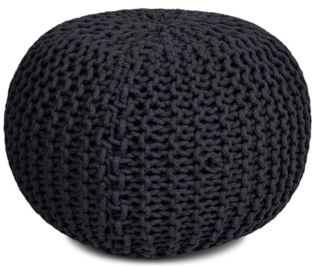 BIRDROCK HOME Round Pouf Ottoman | Cotton Braided Foot Stool with Bean Bag Filling | Boho Foot Rest for Living Room & Bedroom | Compact & Comfortable Seating, Lightweight & Soft | Charcoal
