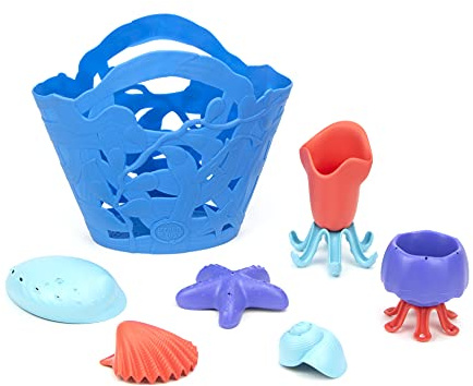 Badeset, Muscheln und Korb, 7-teilig, Badewannenspielzeug, nachhaltiges Badespielzeug für Kinder ab 6 Monaten