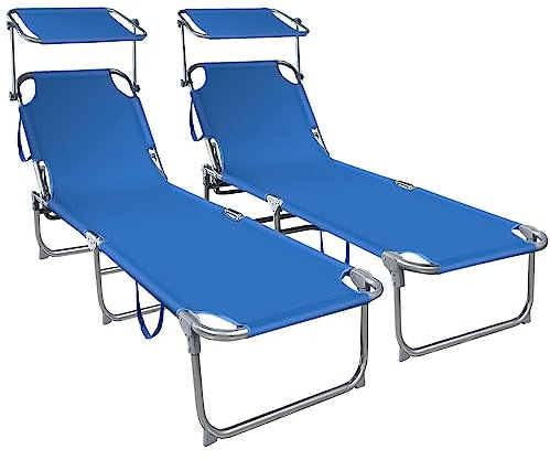 VOUNOT Set di 2 Lettino Prendisole Pieghevole, con Tettuccio Parasole e Schienale Regolabile, per Spiaggia, Piscina e Giardino, 190 x 58 x 27 cm, Blu