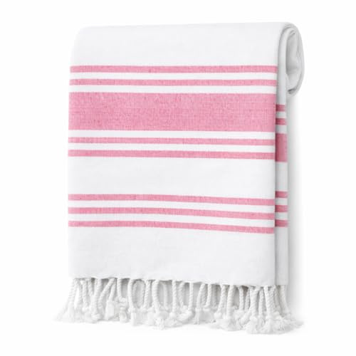 Adore Home Large Hammam Beach Towel Striped Turkish Style Fouta Peshtemal Cotton, Rio Stripe Pink