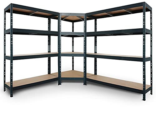 Rivet Schwerlastregal Regalsystem anthrazitgrau, 1 Eckregal (180x90x45x64,5cm, 250kg) und 2 Steckregale (180x120x45+180x150x45cm, 250kg) 4 HDF-Böden