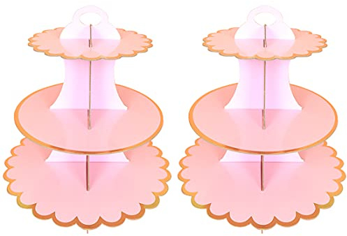 2 PACK Cardboard Cake Stand, 3 Tier Paper Dessert Round Cupcake Holder Tower Disposable Pastry Stand for Birthday, Afternoon Tea, Wedding Party Anniversary Christening Fruit Desserts Display (Rose)