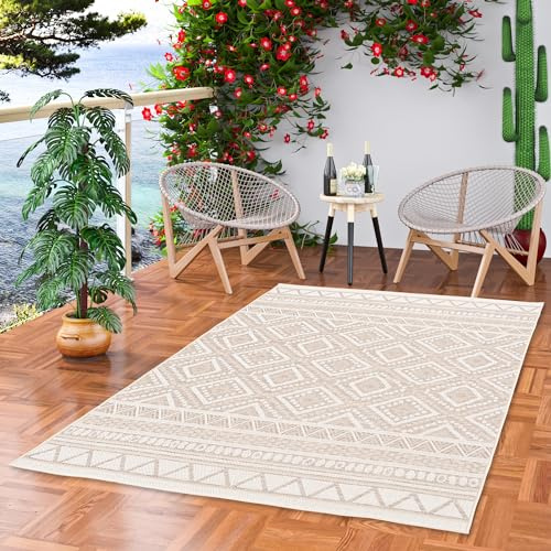 Pergamon In & Outdoor Flachgewebe Sisaloptik Natur, Terrasse und Balkon Teppich Ottawa Ethno Beige in 5 Größen