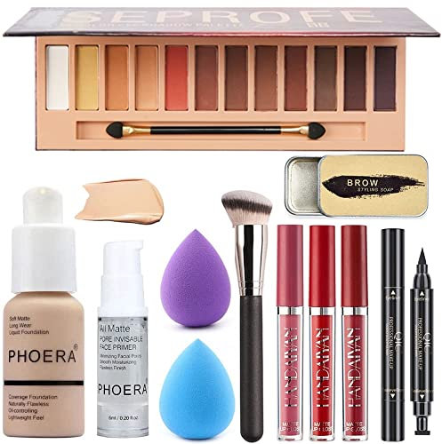 All in One Makeup Set 12 Colours Eyeshadow Palette Matte Foundation Face Primer, 3 Colours Liquid Lipstick, Eyebrow Soap, Winged Eyeliner Stamp, Makeup Brush, Makeup Sponge, Makeup Set (Set A)