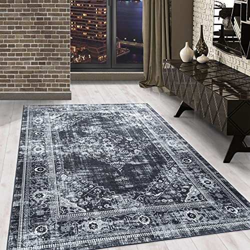 Waschbarer Teppich, Didigitaldruck Orientteppiche, Rechteckig, Schwarz - Grau - Weiß Farbe, Flachgewebe, Fußbodenheizung geeignet, Größe:140 x 200 cm