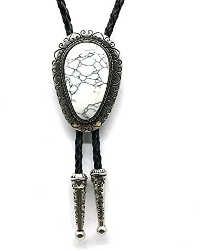 DELIGUO Bolo Ties Krawatte Für Herren - Europäische Und Amerikanische Wassertropfen-Türkis-Accessoires Antik-Muster-Anhänger-Krawatte, Vintage-Leder-Seil-Temperament-Halskette, Weiß, Einheitsgröße