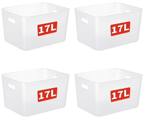 Cetomo 17L*4 Cesta de Almacenamiento de Plástico, Caja de Almacenamiento Abierta, Contenedores Para Estanterías, Organizadores con Asas Para oficina, Gabinetes, Claro, 17L-4 Unidades (35*27*20cm)