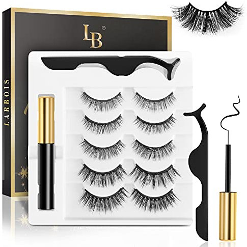 Magnetic Eyelashes, Larbois 5 Paires Mangetic Lashes Natural Look with Magnetic Eyeliner, Self Adhesive＆Reusable Fake Eyelashes With Applicator and Tweezers Kit, Waterproof Long-Lasting No Glue Needed