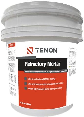 Tenon Refractory Mortar - High Temperature Mix for Fireplaces, Fire Pits, Chimneys, Parging, Brick, Clay, and More, White in Color, High Heat Resistance, Up to 2550°F (1, 25 Pounds)
