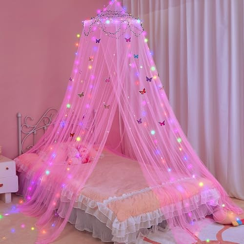FIOBEE Betthimmel für Mädchenzimmer, Betthimmel, Vorhänge mit LED-Lichtern, Moskitonetz, DIY-Prinzessinnen-Raumdekoration mit Sternen, Schmetterlingen für Kinderzimmer, Hot Pink