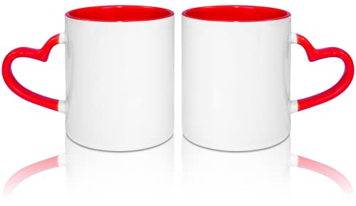 MR.R Tazze da caffè vuote sublimazione da 311,8 g, tazza bianca con tazza di colore rosso interno e manico a cuore, set di 2