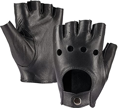 MGGMOKAY Mens Fingerless Leather Driving Gloves Half Finger Motorcycle Sheepskin Unlined Gloves Punk,Black,S