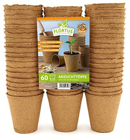 FLORTUS 8 cm Anzuchttöpfe rund auf Holzfaser Basis | 60 Stück | Pflanztöpfe für nachhaltige Gartenarbeit | 100% biologisch abbaubar, torffrei | Ideal für die Aussaat von Gemüse, Obst und mehr