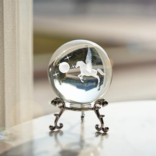 HDCRYSTALGIFTS 3D-Lasergravur, Pegasus-Kristall, dekorative Kugel mit silberfarbenem Ständer, Kristall-Pferd-Figuren, Glaskugel, Heimdekoration, Ornament, Geburtstagsgeschenk, 60 mm