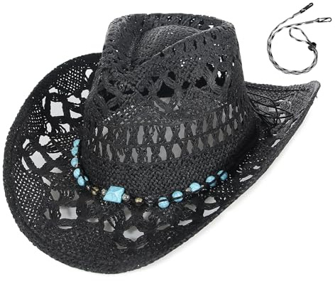 EOZY Men & Women's Summer Cowboy Cowgirl Straw Hat Hollow Out Style Roll Up Brim Beach Sun Hat for Ladies Turquoise Band
