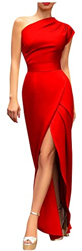 Vasreyy Sexy Kleid Damen Brautjungfernkleider Kostüm Damen Kleid One Schulter Seitenschlitz Einfarbig Kleid Hohe Taille Maxikleid Bodycon Abendkleid Lang Tunika Ballkleid Tshirt Kleid (Rot,S)
