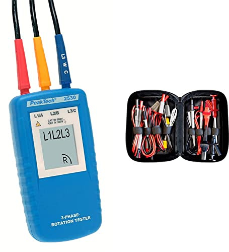 PeakTech 2530, 3-Phasen-Drehrichtungsanzeiger & Peak Tech P 8200 – Messzubehör Set für Digital Multimeter, Prüfkabel Set, Elektronik Sortiment mit Prüfkabel, Laborleitungen - 14-teilig inkl. Tasche