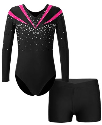 iEFiEL Kinder Mädchen Turnanzug Gymnastik Outfits Glitzer Trikot mit Shorts Tanz Akrobatik Bodysuit V-Ausschnitt Sport Anzug Rosa 122-128
