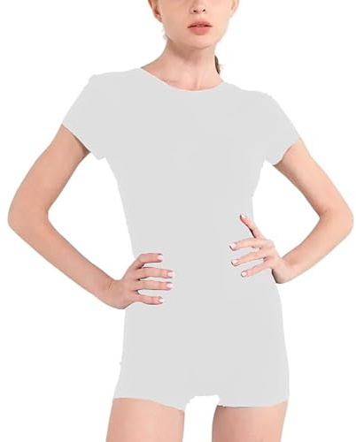 Prime mode flickor glänsande lycra kortärmad enhet bodysuit dans/gymnastik/simma trikåer, Vitt, 7-8 Years