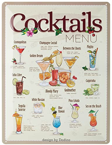 Dodino 30x40cm blechschilder COCTAIL MENU REZEPT, Dekoratives Wohnaccessoire, Deko Metallschild Schild für alle Bar Theke oder Pub Besitzer