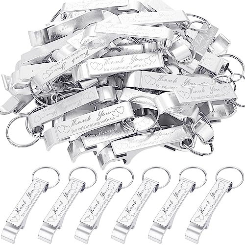 Dandat 100 Pcs Bottle Opener Keychain Bulk Thank You Wedding Favors for Guests Aluminum Wine Beer Opener Engraved Wedding Guest Gifts for Birthday Party Graduation Souvenirs(Silver)