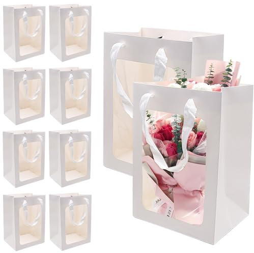 10 Pieces White Kraft Paper Gift Bags with Window, Paper Shopping Bags Packing Bags with Handle for Party Favor Storage, Flower Stroage, Food Storage and More (30×20×16cm)