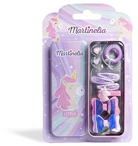 Martinelia Haarzubehör für Mädchen, Einhorn, Haarzubehör, für Kinder, in Aufbewahrungsbox, Haarspangen, Haarklammern und Bunte Gummibänder, Einhörner & Herzen